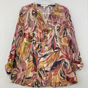 Juniper + Lime size 1X Multi Color Abstract Pintuck Mesh Stretch Popover Blouse